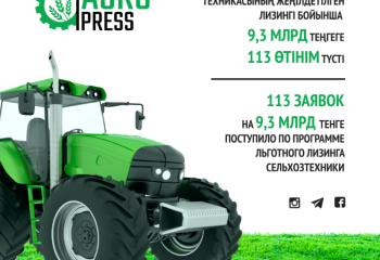 113 заявок на 9,3 млрд тенге поступило по программе льготного лизинга сельхозтехники