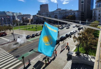 Flag of Kazakhstan raised over main municipal building of San Francisco