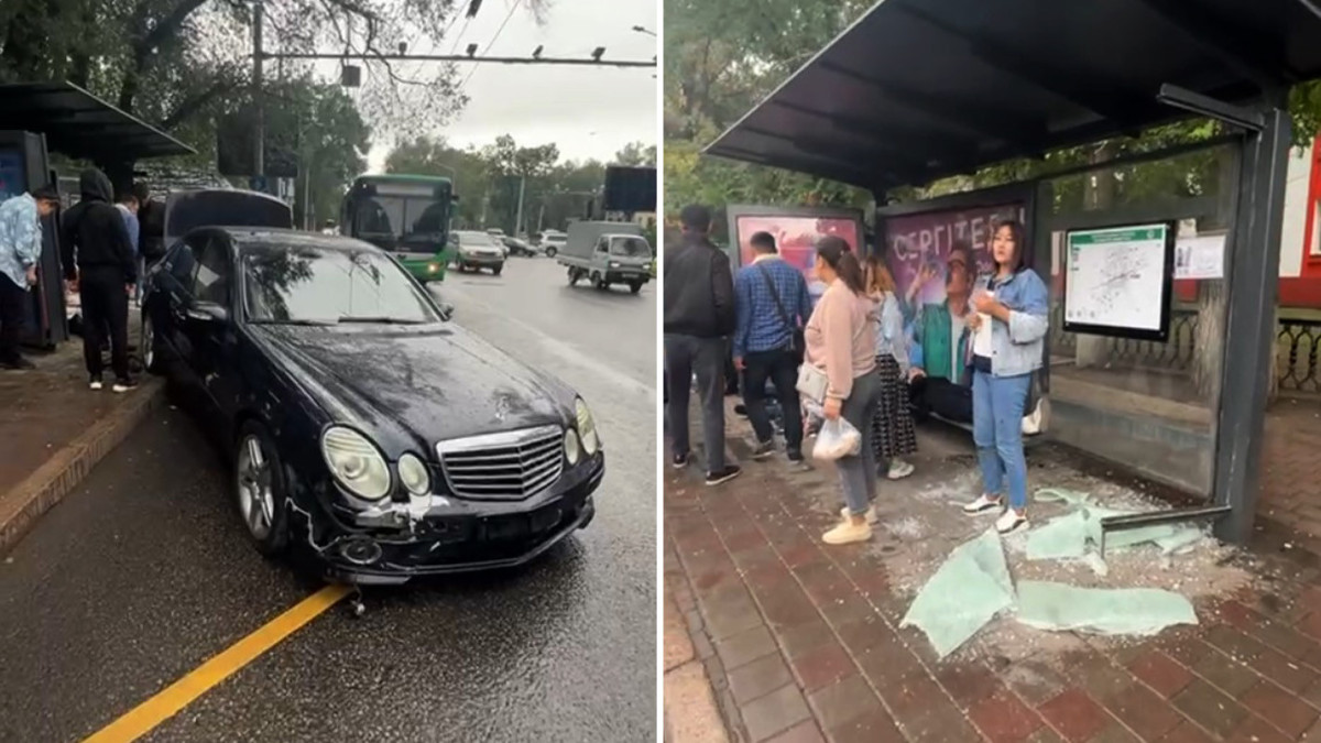 Мерседес влетел в автобусную остановку в Алматы: пострадали 7 человек