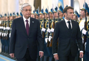 Head of State greets Emmanuel Macron in Akorda