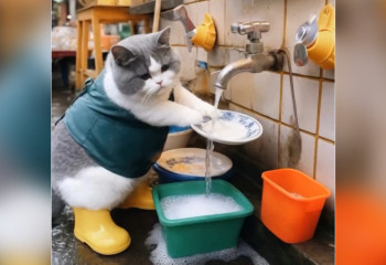 Кота заставили мыть посуду за воровство рыбы