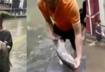 Қытайда тұрғындар супертайфуннан кейін көшеден балық аулап жүр