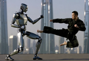 Chinese CEO kicked over by humanoid T800 robot in simulated battle as company seek to make point