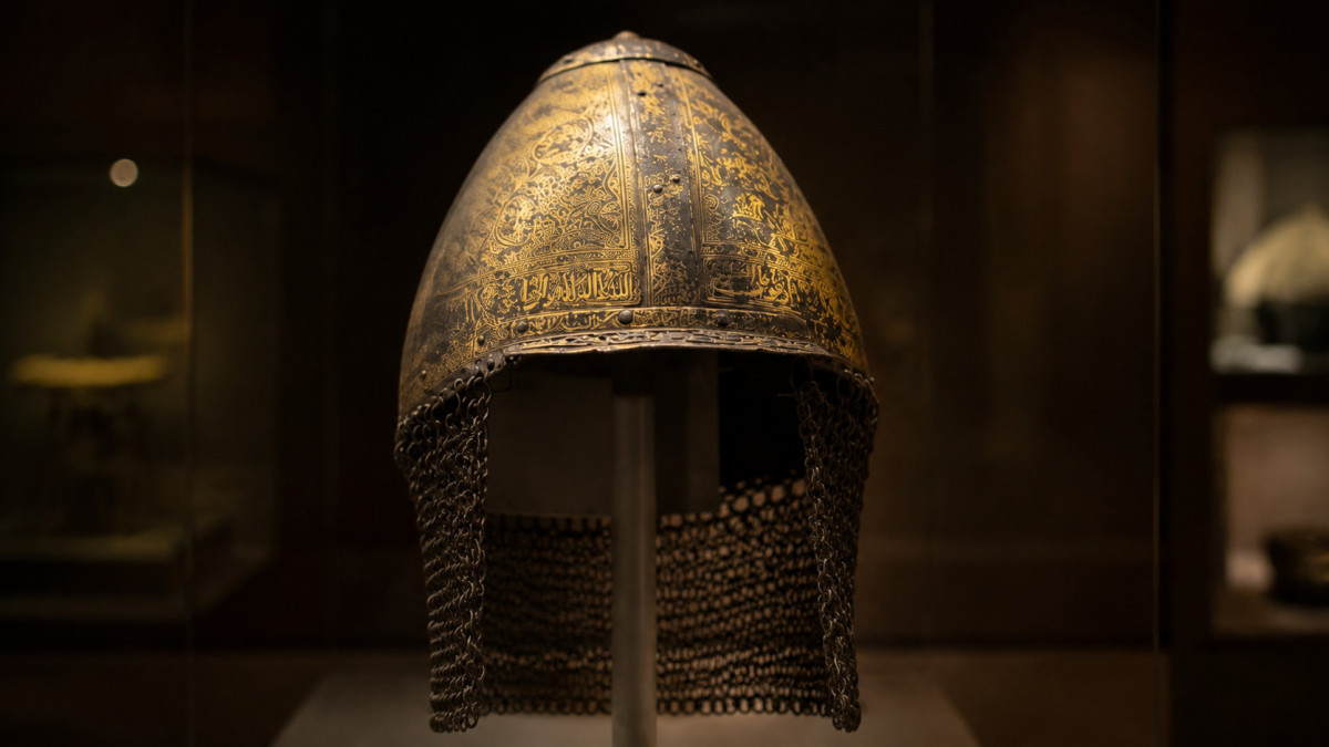 Gilded helmet of a Kazakh batyr at the National Museum