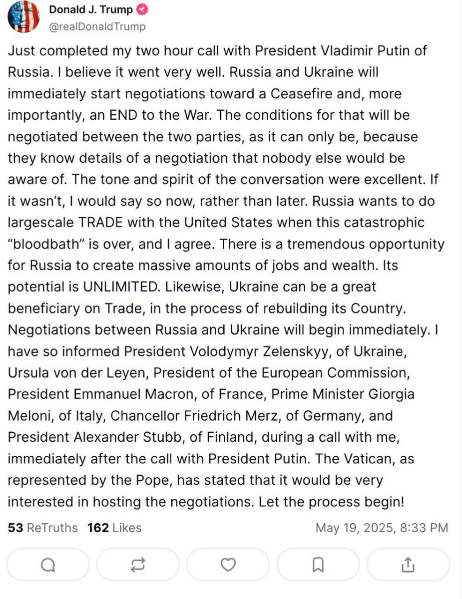 Трамп заявил о скором начале переговоров между Россией и Украиной