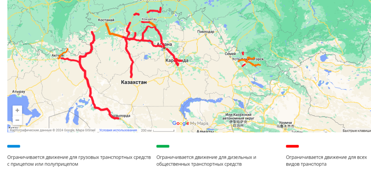 48 участков республиканских трасс закрыли в 10 областях Казахстана