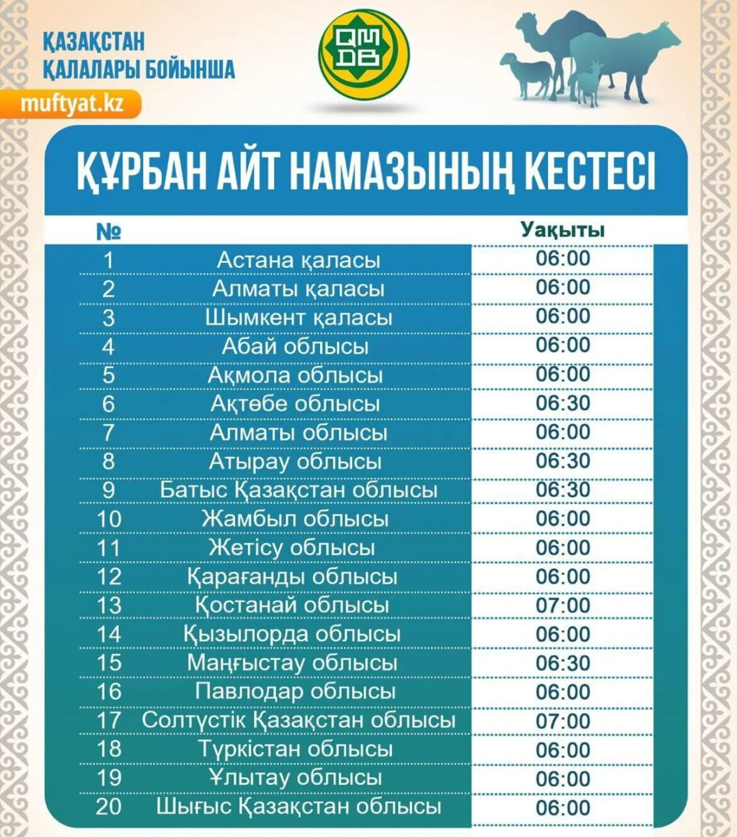 Определено время праздничного намаза на Курбан айт в городах Казахстана