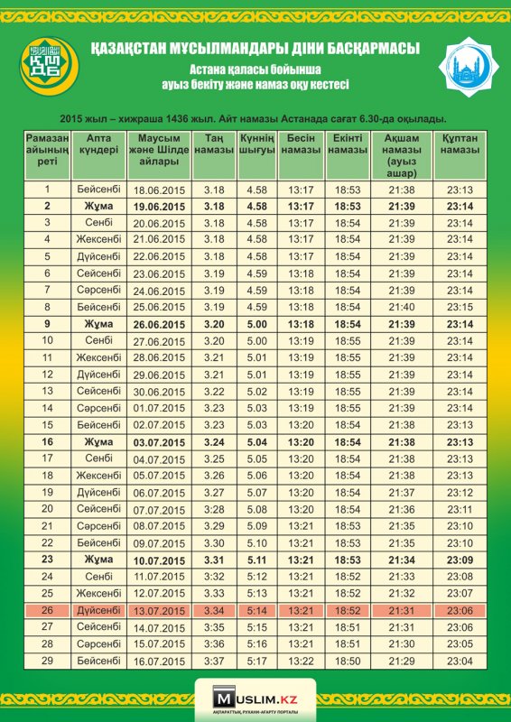 Қазақстандағы 2015 жылғы ауыз бекіту кестесі